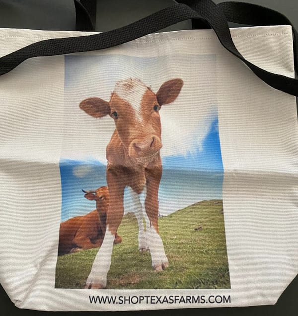 shop texas farms tote bag with cow